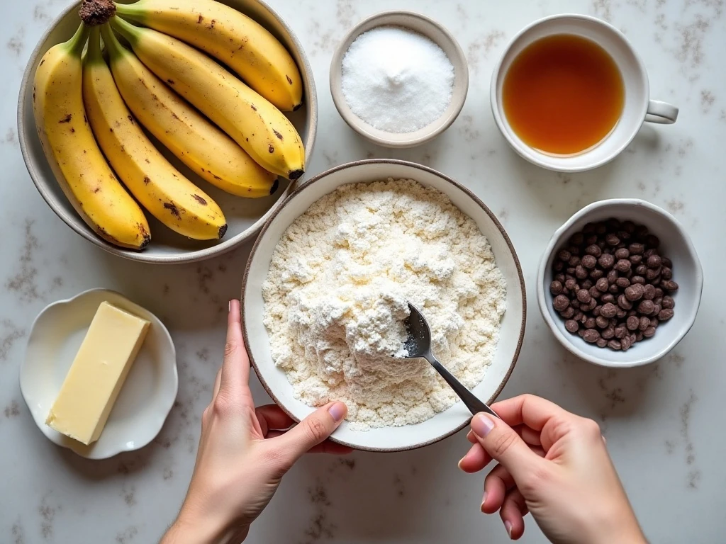 Ingredients for cream cheese stuffed chocolate chip banana bread coffee cake