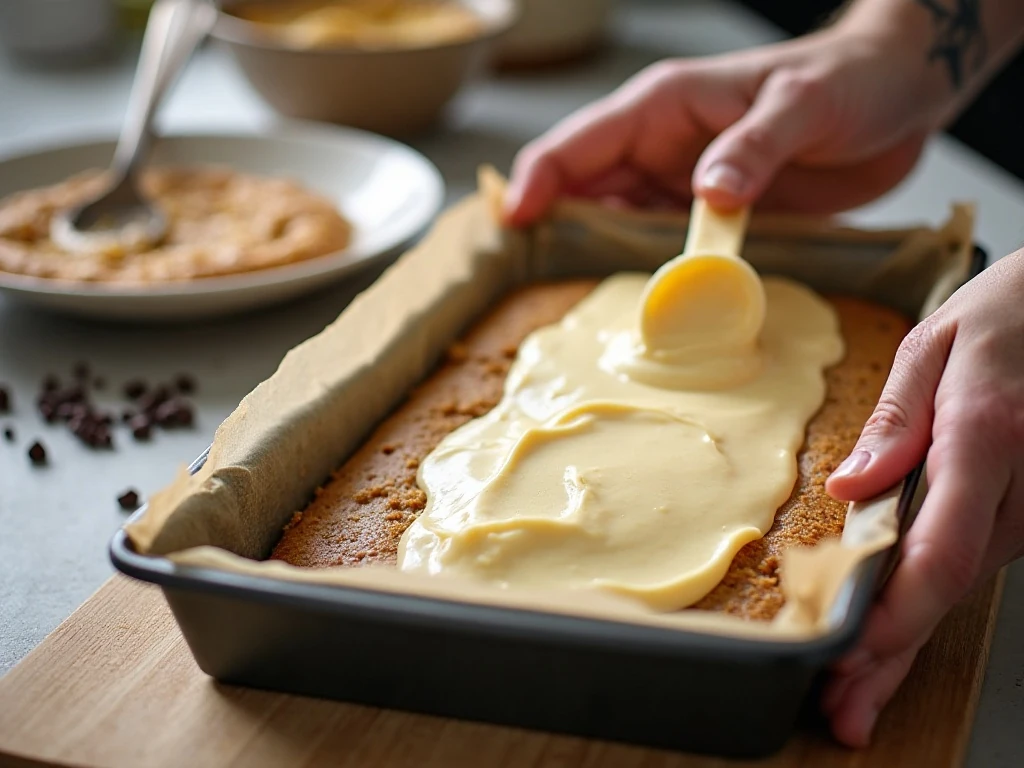 Spreading cream cheese filling between layers of banana bread batter