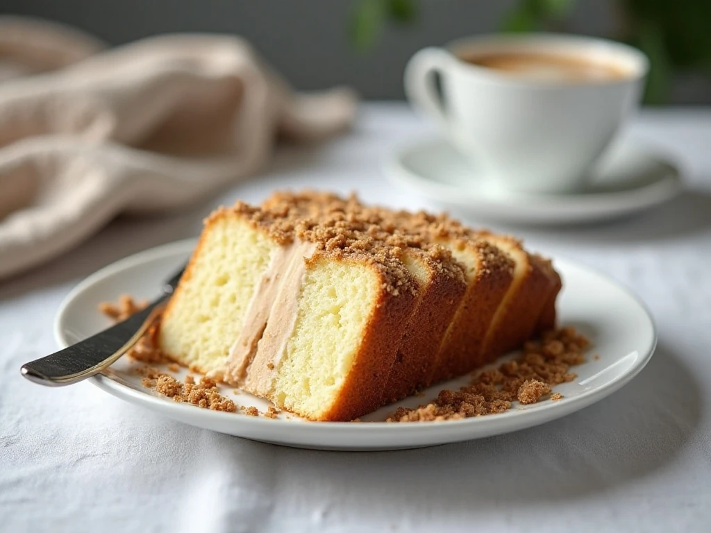 Neatly sliced cream cheese banana bread coffee cake ready to serve