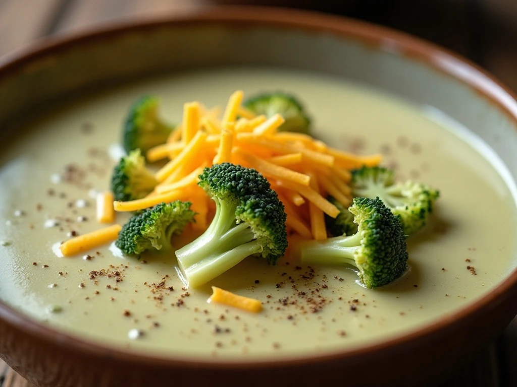 Cream of broccoli soup topped with cheddar and black pepper