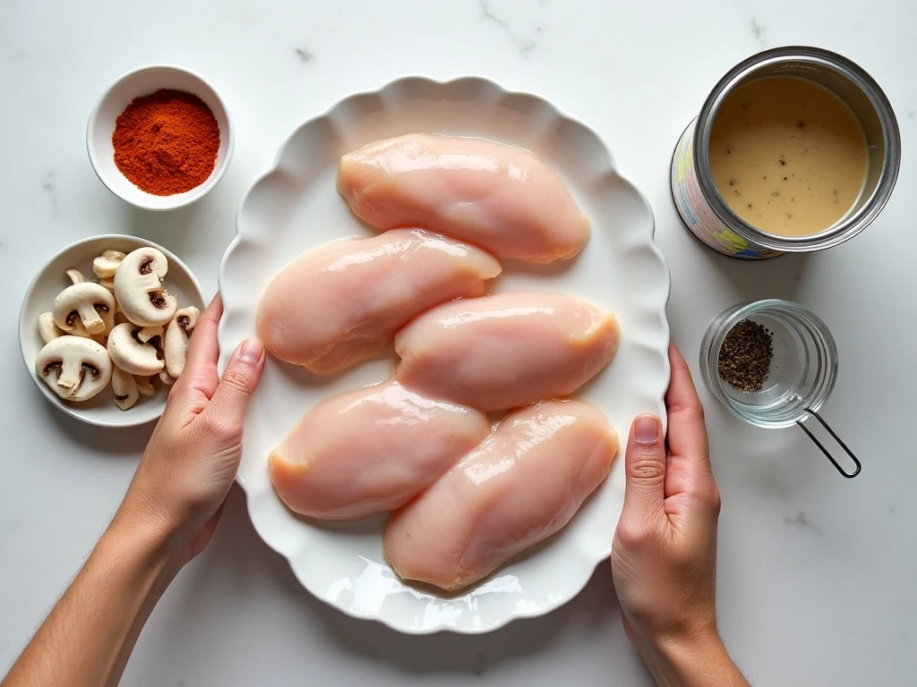 Ingredients for easy cream of mushroom chicken bake