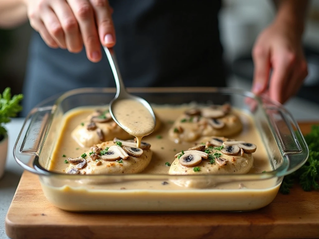 Creamy mushroom sauce being spread over chicken before baking