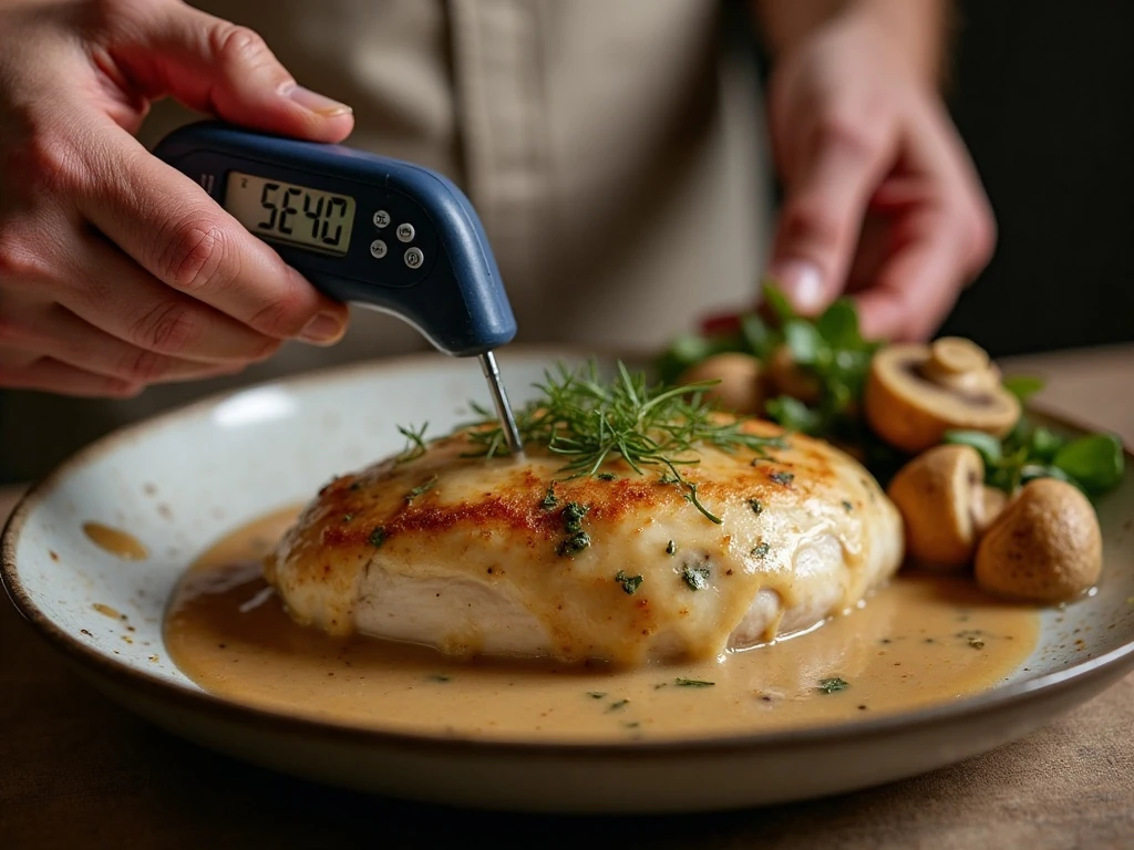 Checking baked chicken temperature with an instant-read thermometer