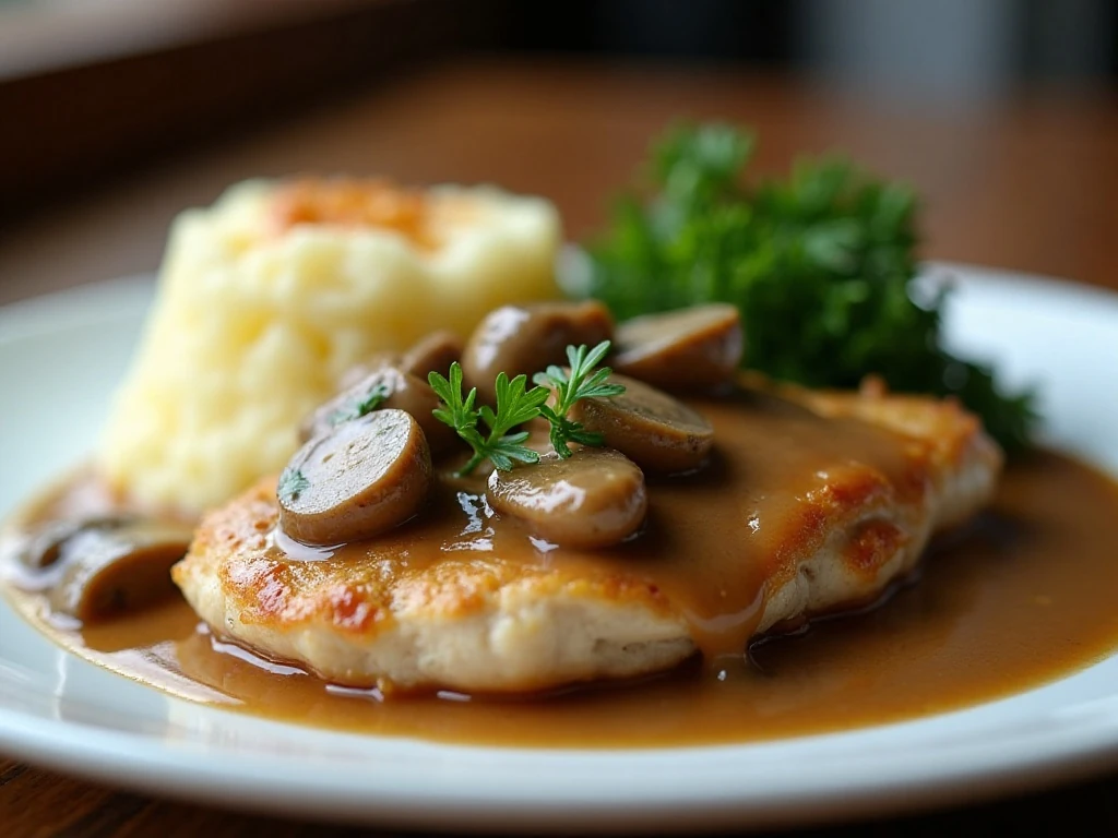 Close-up of mushroom gravy chicken with parsley garnish