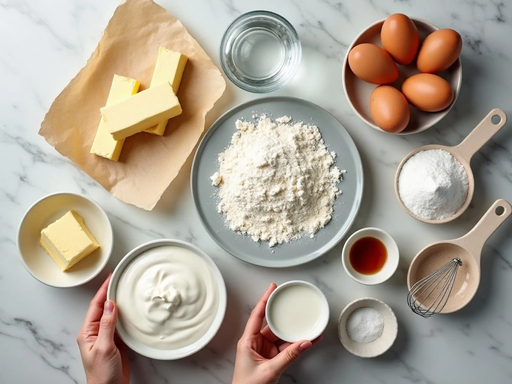 Ingredients for homemade cream puffs arranged on a counter