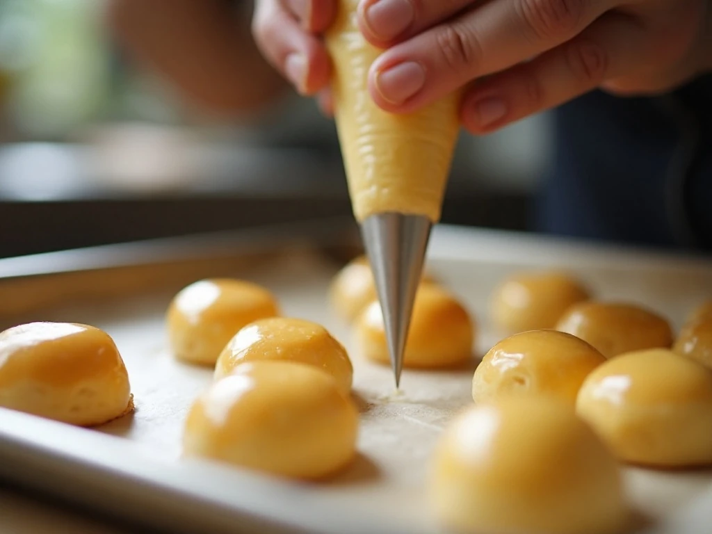 Piping choux pastry mounds for homemade cream puffs