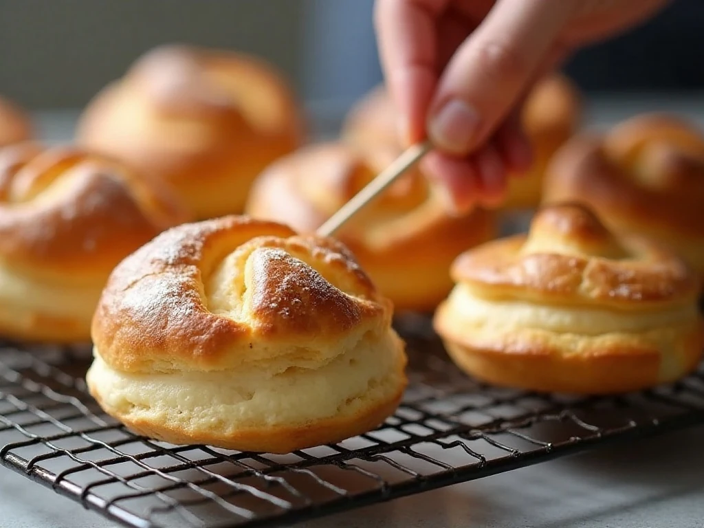 Golden cream puff shells cooling and releasing steam
