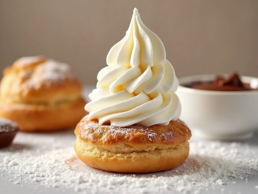 Vanilla whipped cream filling and chocolate topping for cream puffs