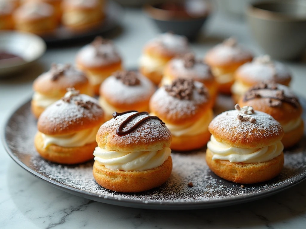 Platter of finished homemade cream puffs with whipped cream