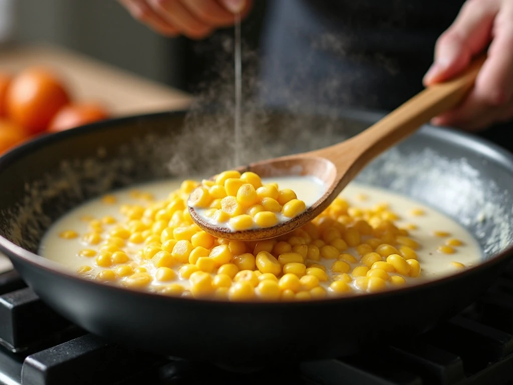 Stirring corn and cream together in a skillet for creamed corn