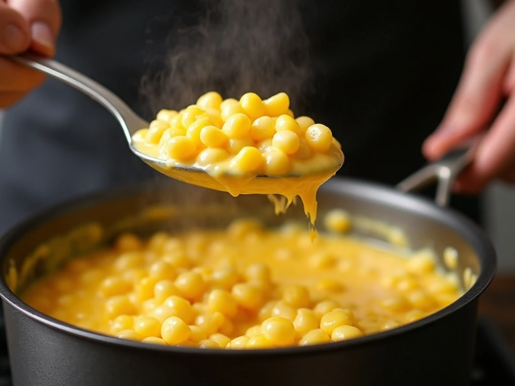 Spoon showing the thick creamy texture of homemade creamed corn