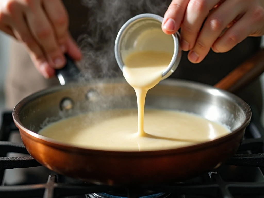 Whisking milk into a butter and flour roux for creamed peas