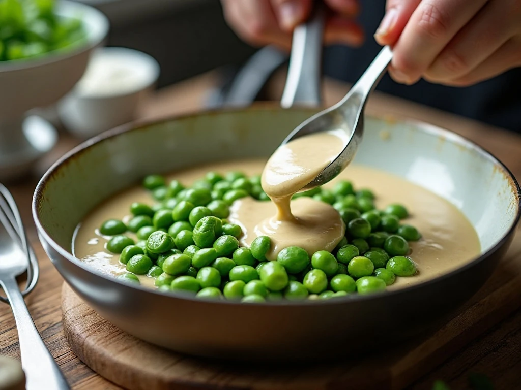 Drained peas and smooth cream sauce for the recipe