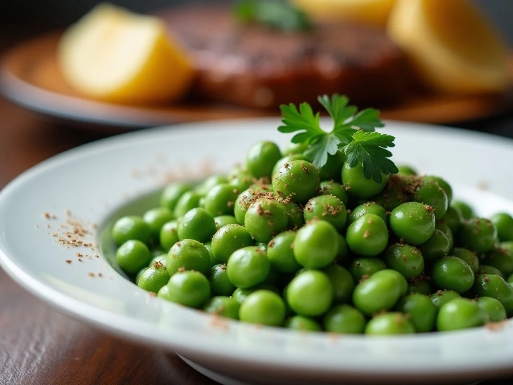 Creamed peas garnished with black pepper and parsley