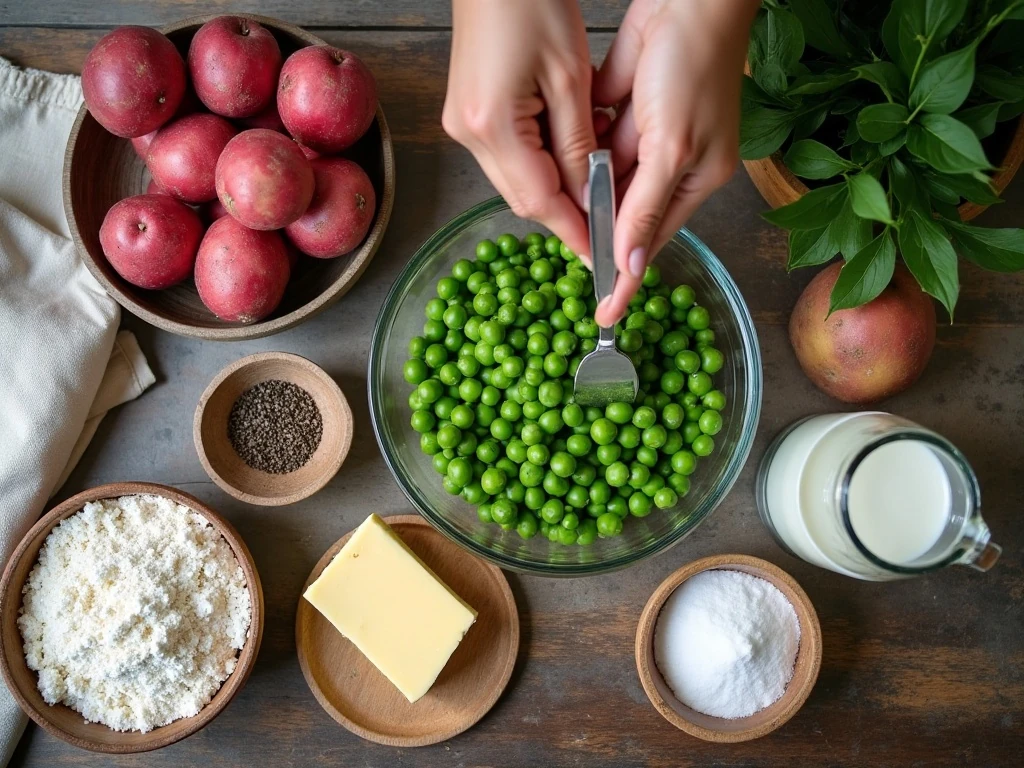 Ingredients for old-fashioned creamed potatoes and peas