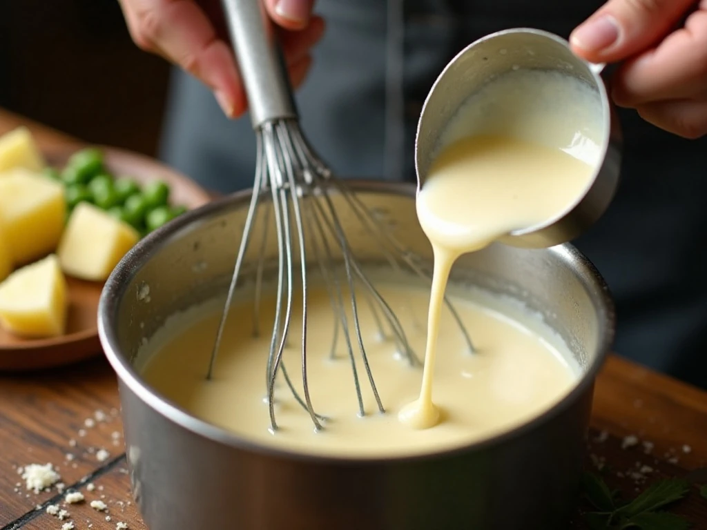 Whisking the homemade cream sauce for potatoes and peas