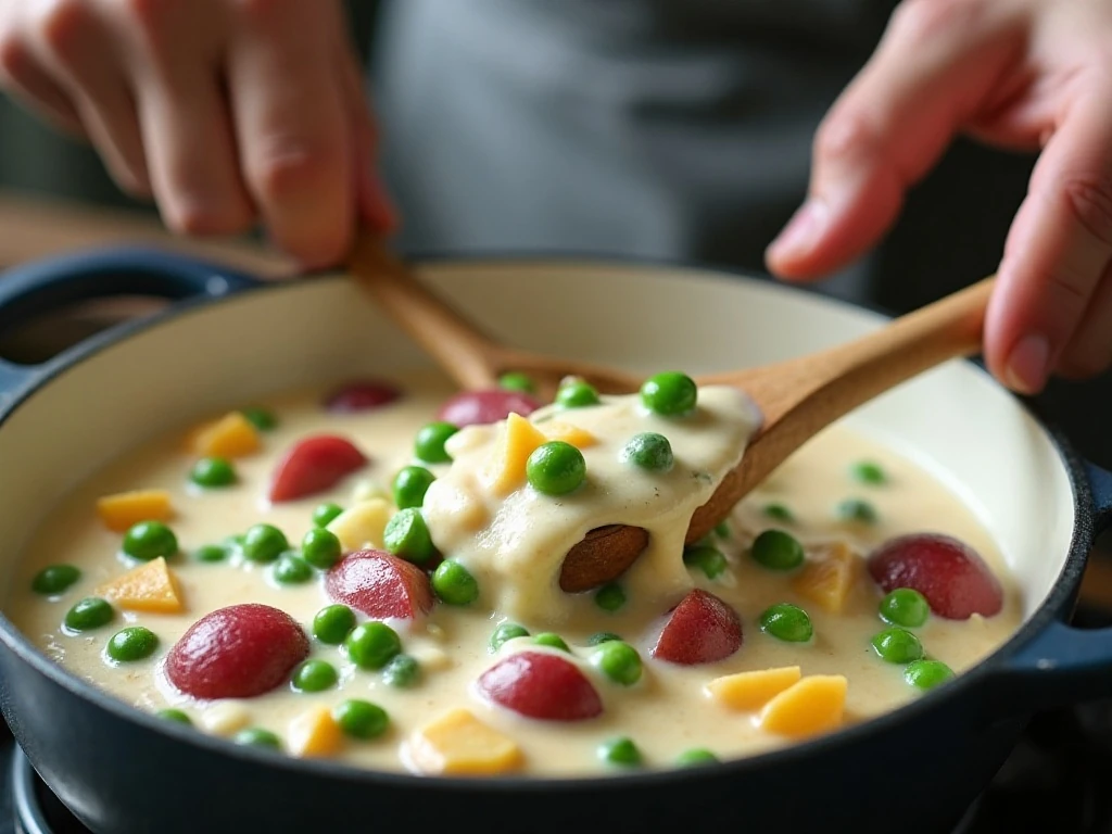 Tender potatoes and peas folded into cream sauce
