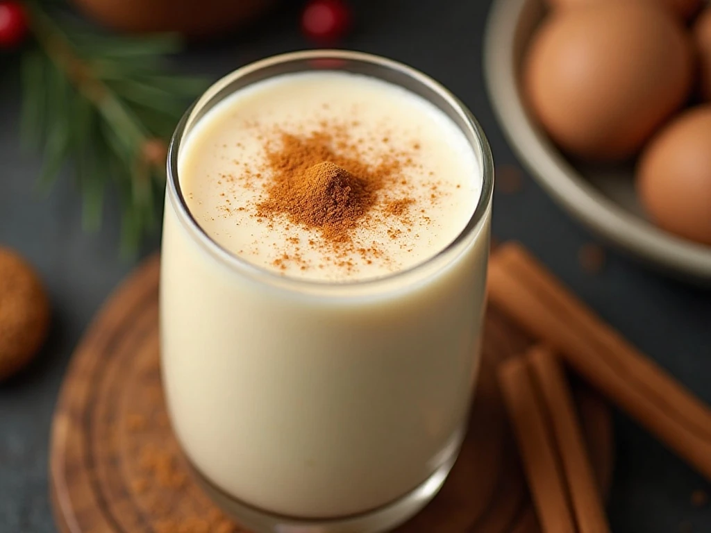 Eggnog garnished with nutmeg and cinnamon