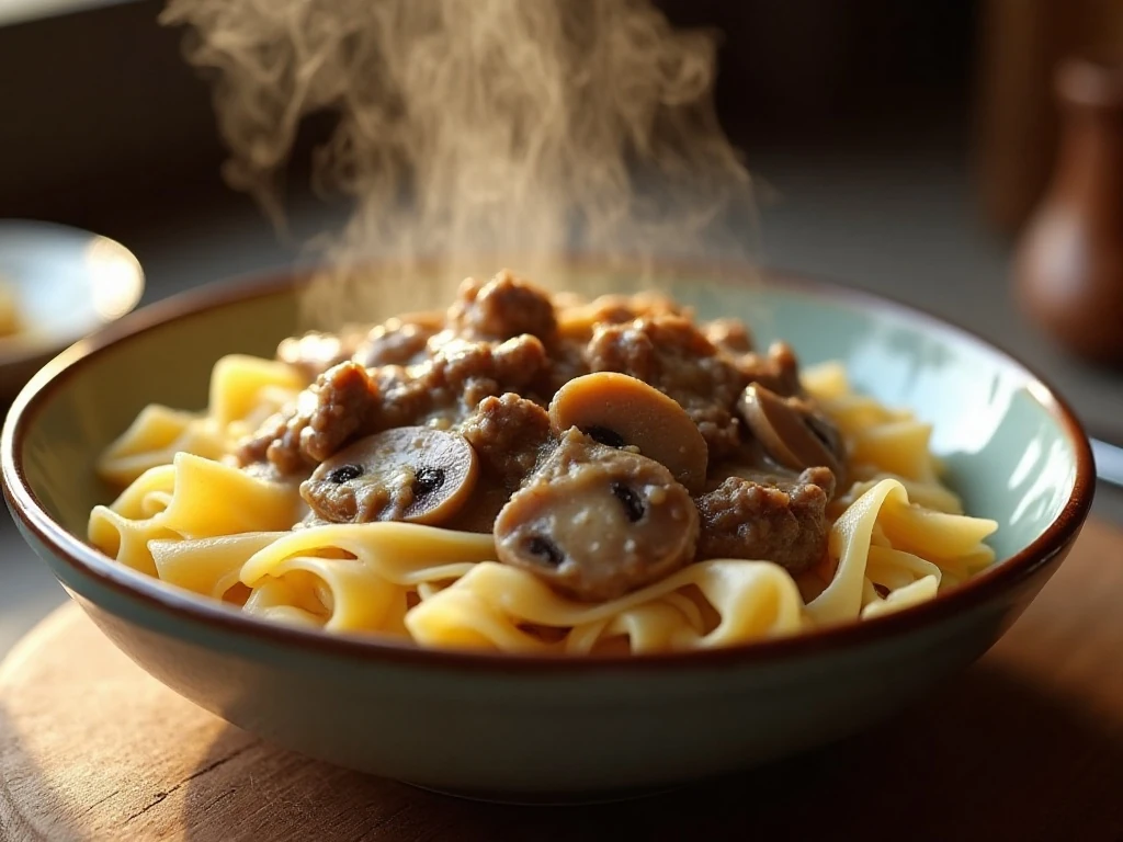 Creamy beef stroganoff with mushrooms and egg noodles in a serving bowl