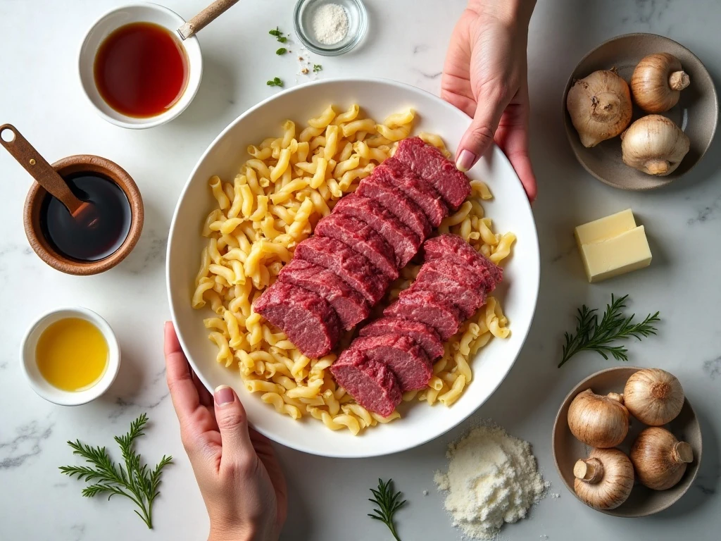 Ingredients for easy creamy beef stroganoff arranged for cooking