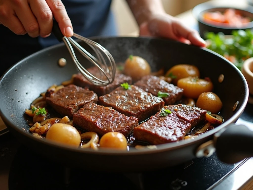 Beef strips searing in a skillet for homemade stroganoff