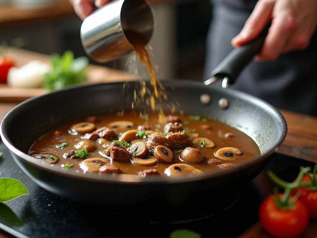 Creamy mushroom sauce being prepared for beef stroganoff