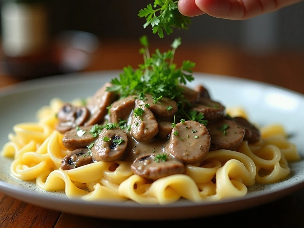 Parsley garnish on creamy beef stroganoff served over noodles