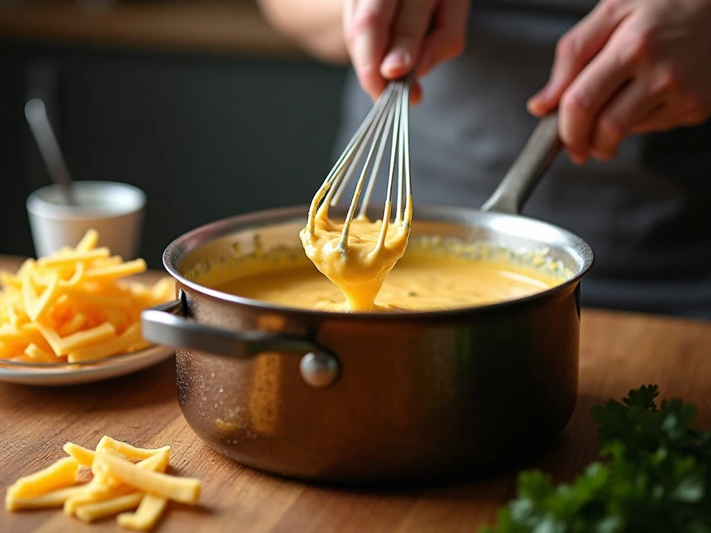 Melting cream cheese into warm beer for beer cheese dip