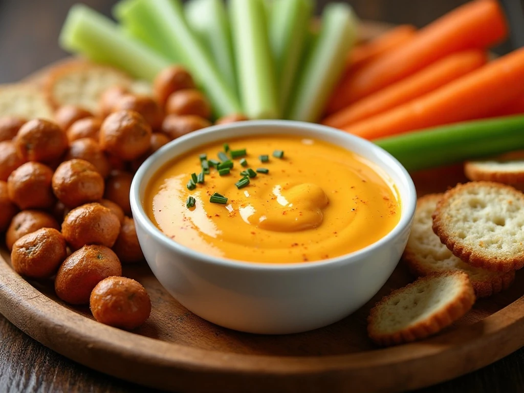 Beer cheese dip with pretzels, crackers, bread, and vegetables