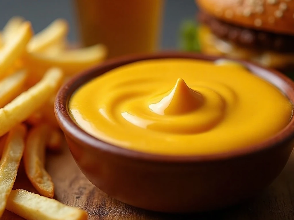 Creamy beer cheese served over fries and beside a burger