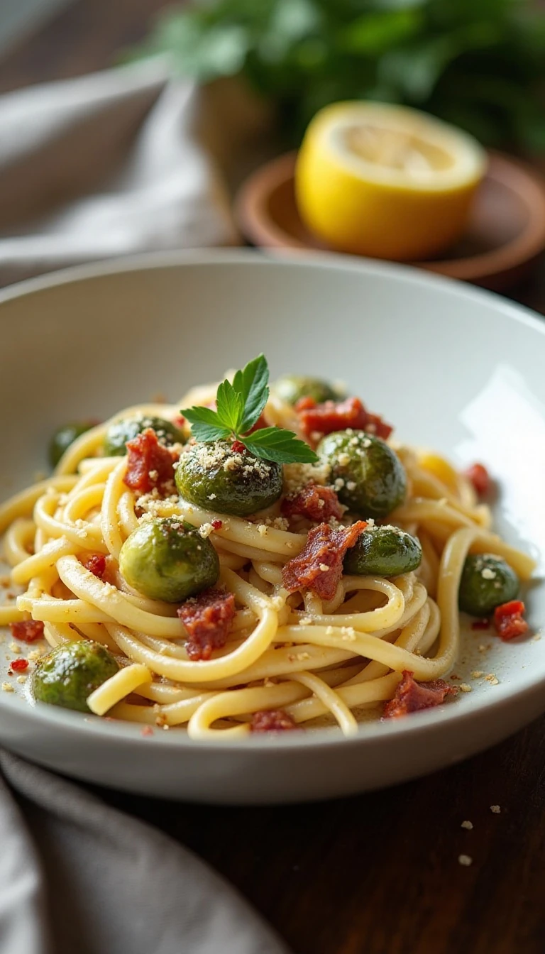 Creamy Brussels Sprouts Rigatoni Recipe with Parmesan and Lemon