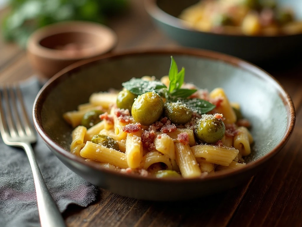 Creamy Brussels sprouts rigatoni with Parmesan and pancetta