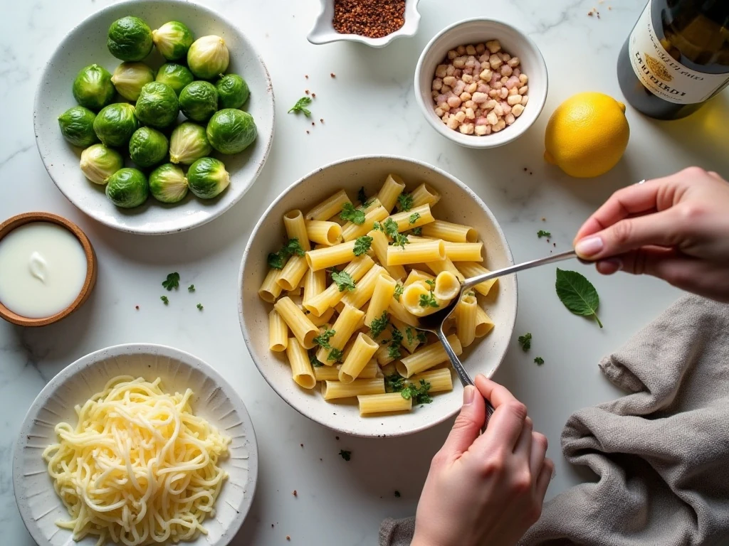 Ingredients for creamy Brussels sprouts rigatoni