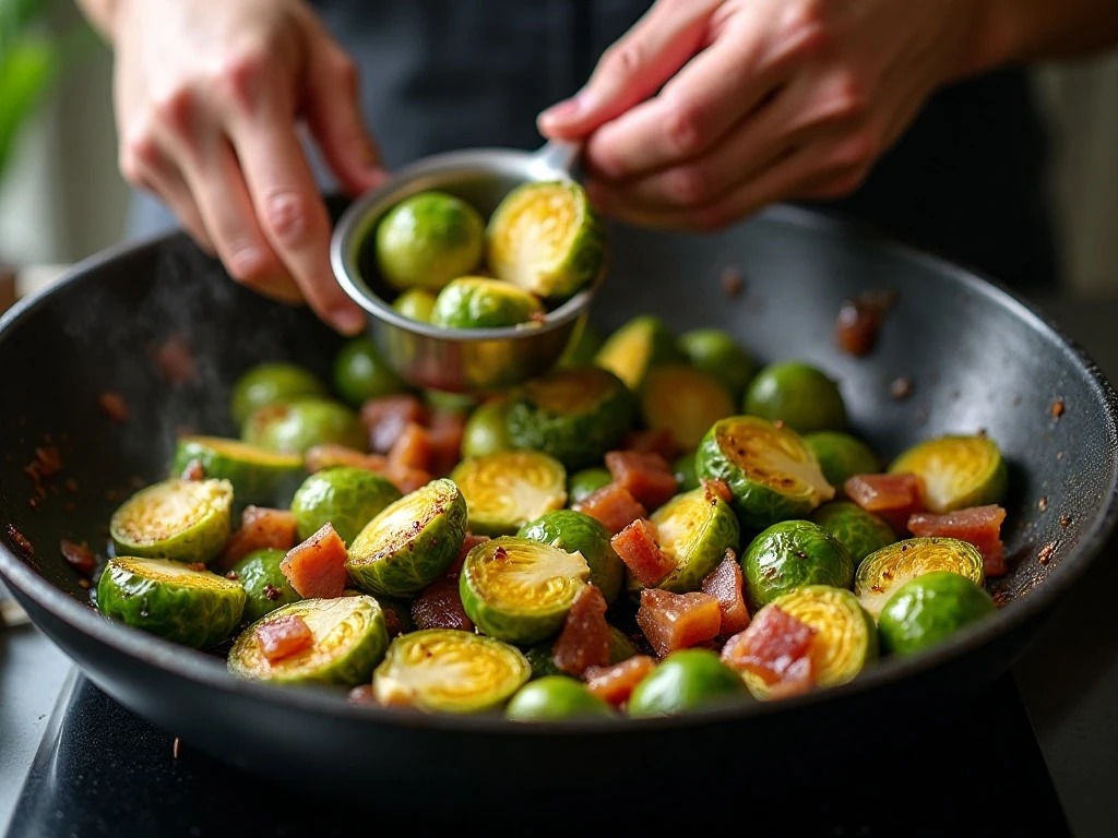 Brussels sprouts browning in a skillet for rigatoni