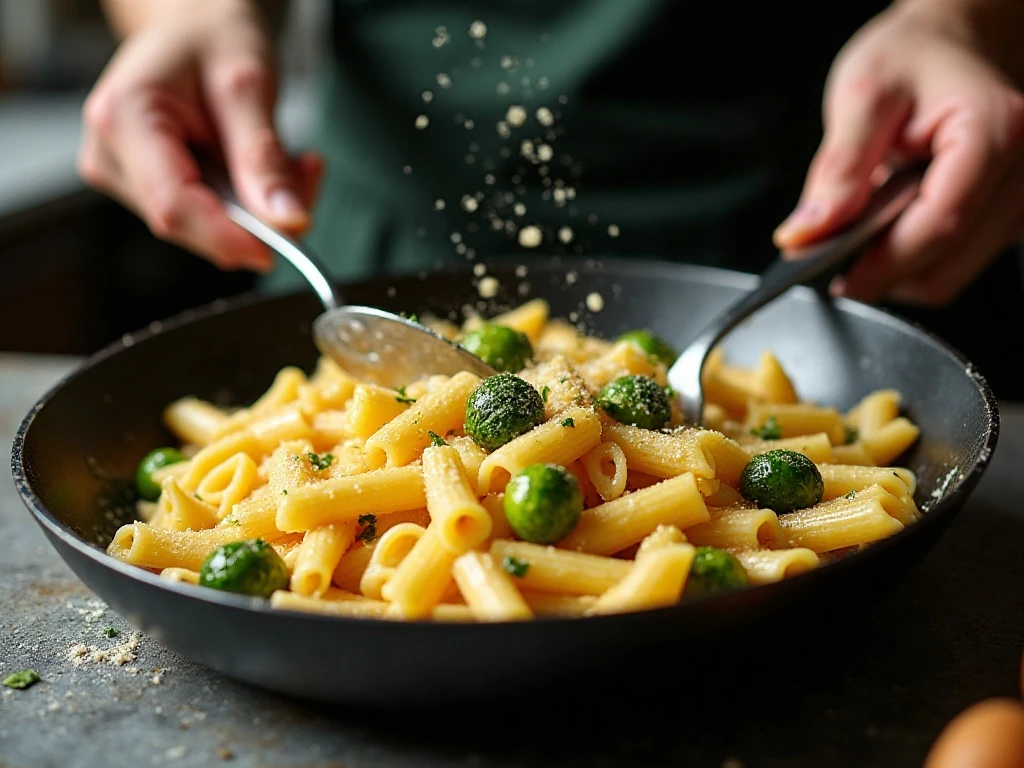 Tossing rigatoni with creamy Parmesan sauce and pasta water
