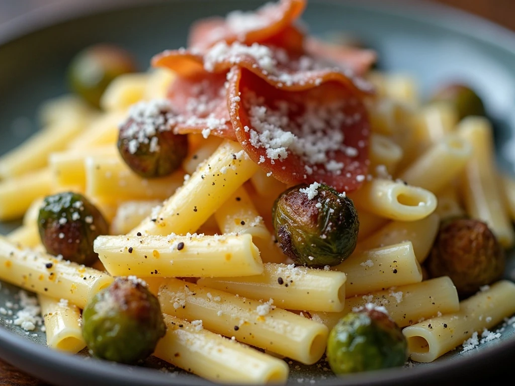 Close-up of Parmesan and lemon garnish on Brussels sprouts pasta