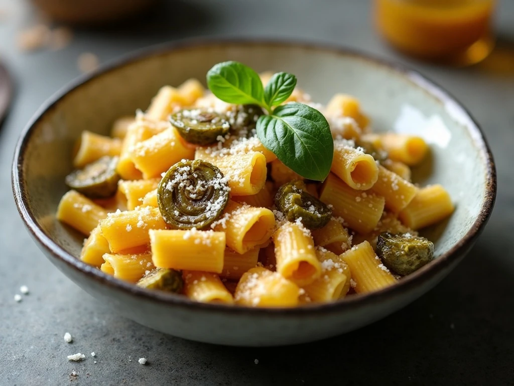 A serving of leftover creamy Brussels sprouts rigatoni