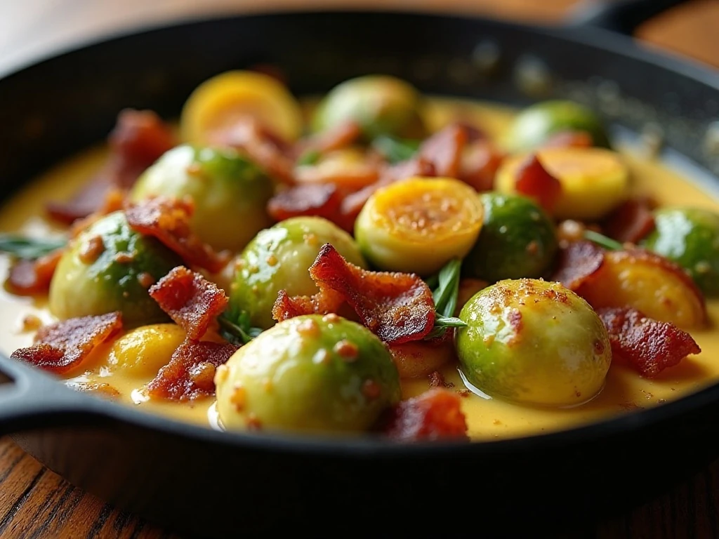 Creamy Brussels sprouts with bacon served in a skillet