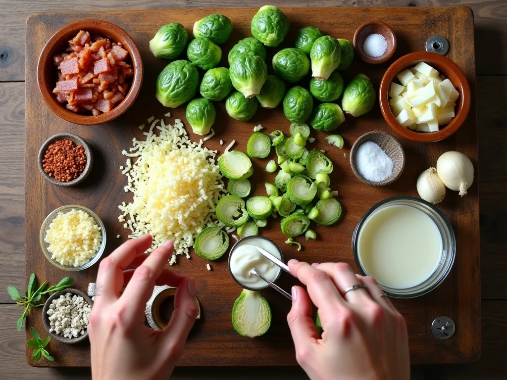 Ingredients for creamy Brussels sprouts with bacon