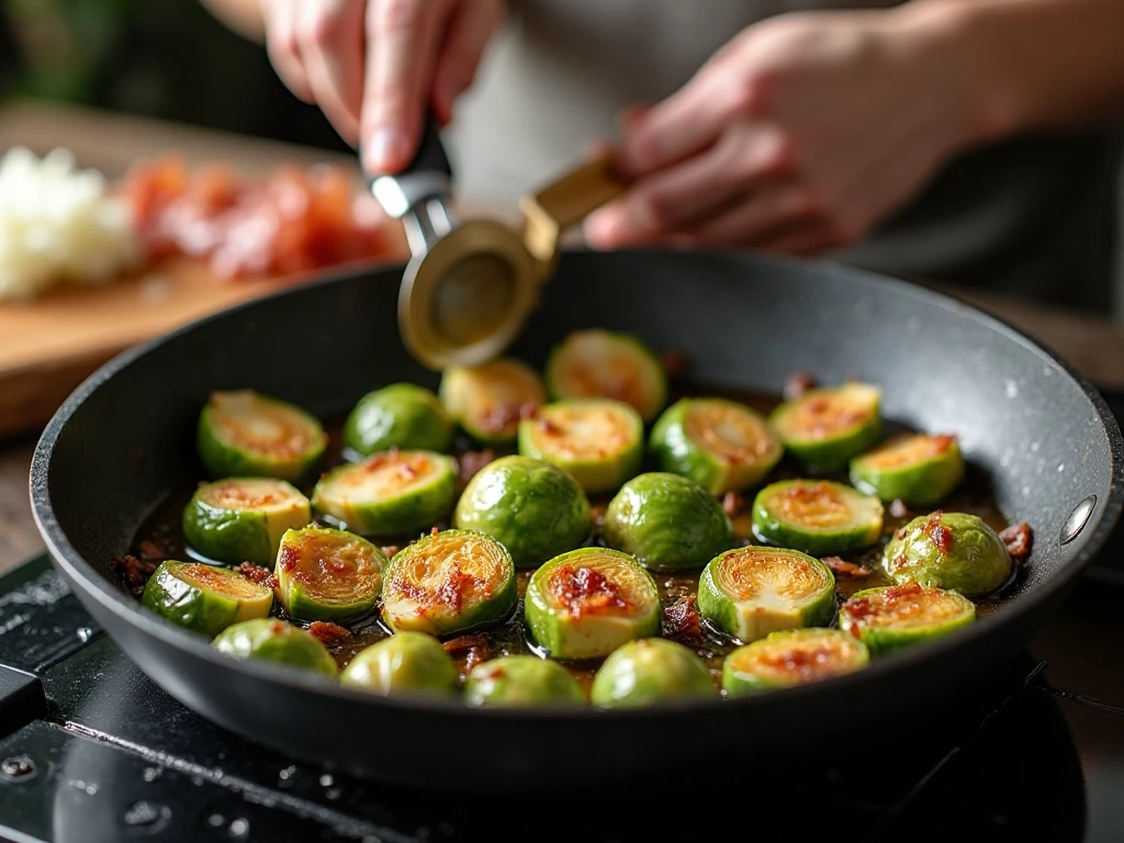 Brussels sprouts browning in bacon fat