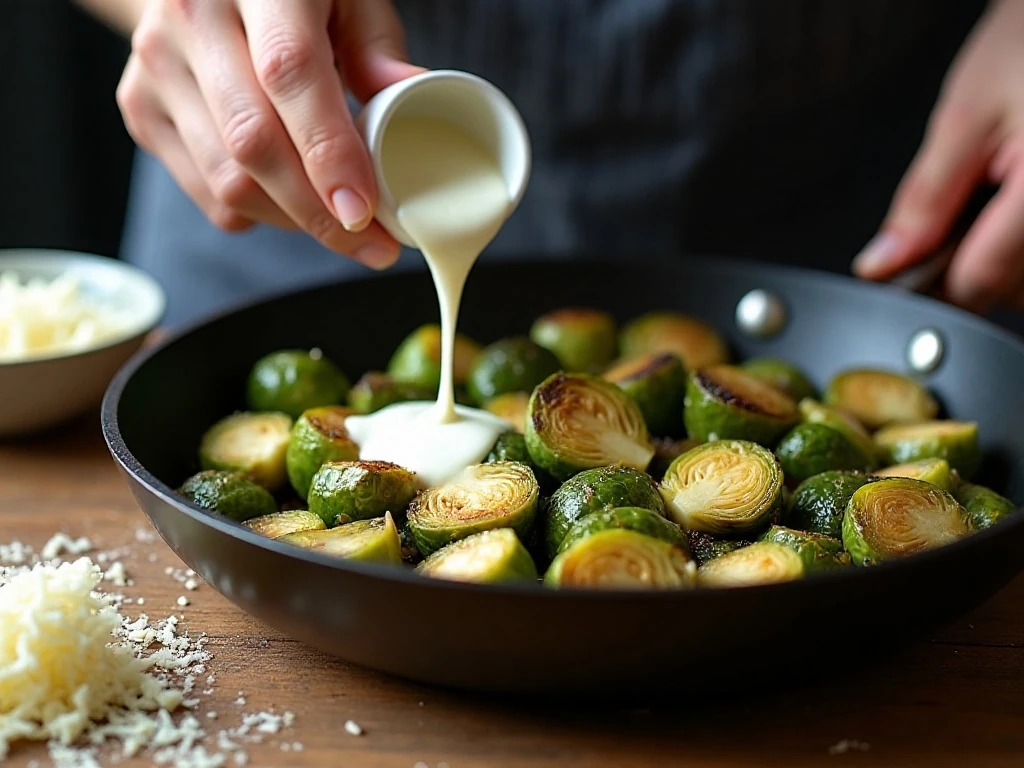 Cream sauce simmering with Brussels sprouts