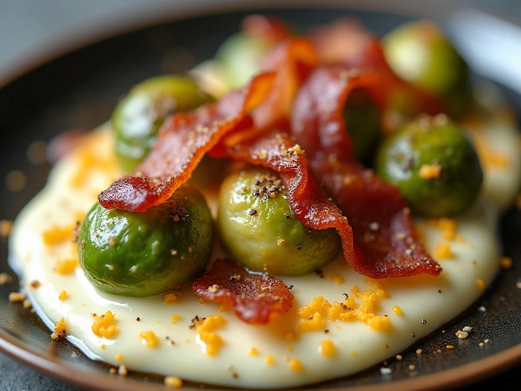 Crisp bacon garnish on creamy Brussels sprouts