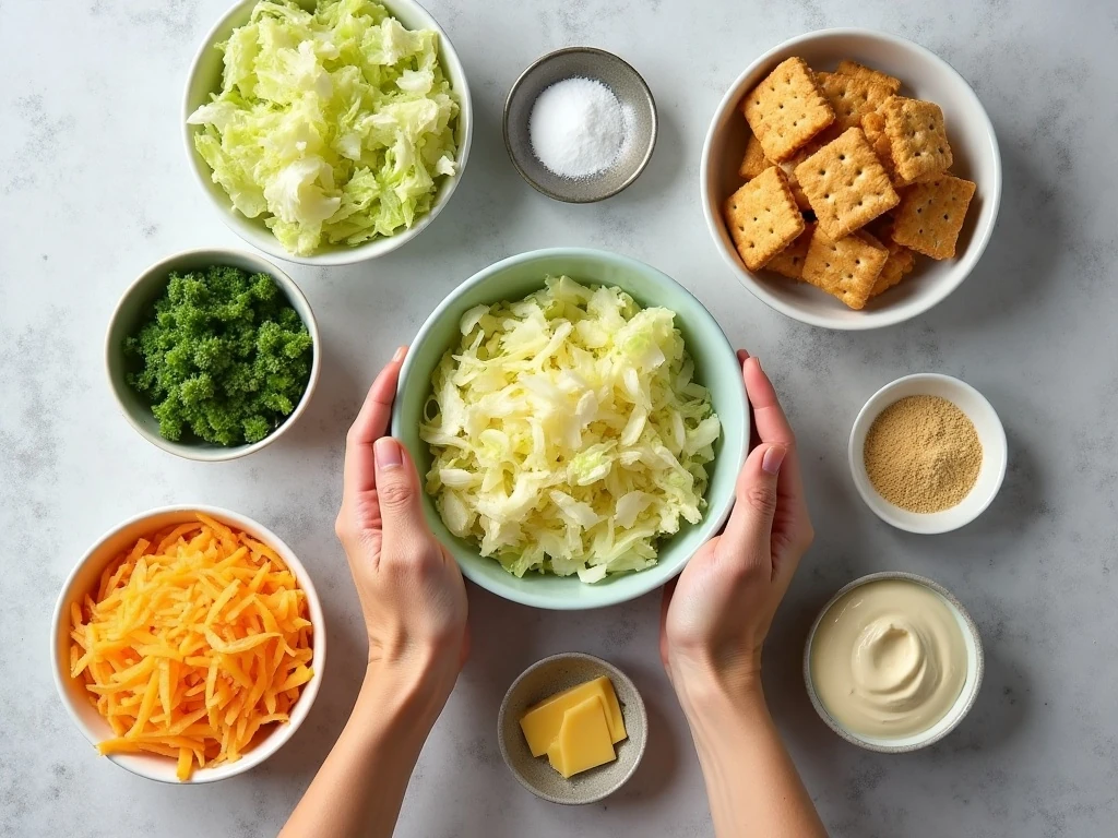 Ingredients for creamy cabbage casserole arranged on a kitchen counter