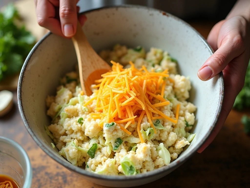 Creamy cabbage casserole filling being mixed before baking