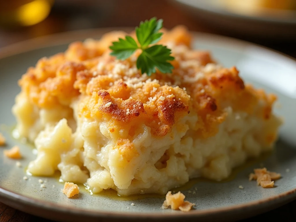 Golden cheesy cracker topping on creamy cabbage casserole