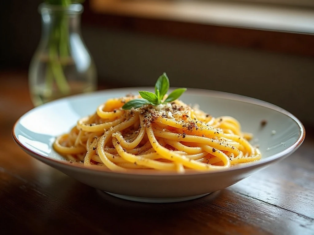 Creamy spaghetti carbonara with crisp guanciale and Pecorino Romano