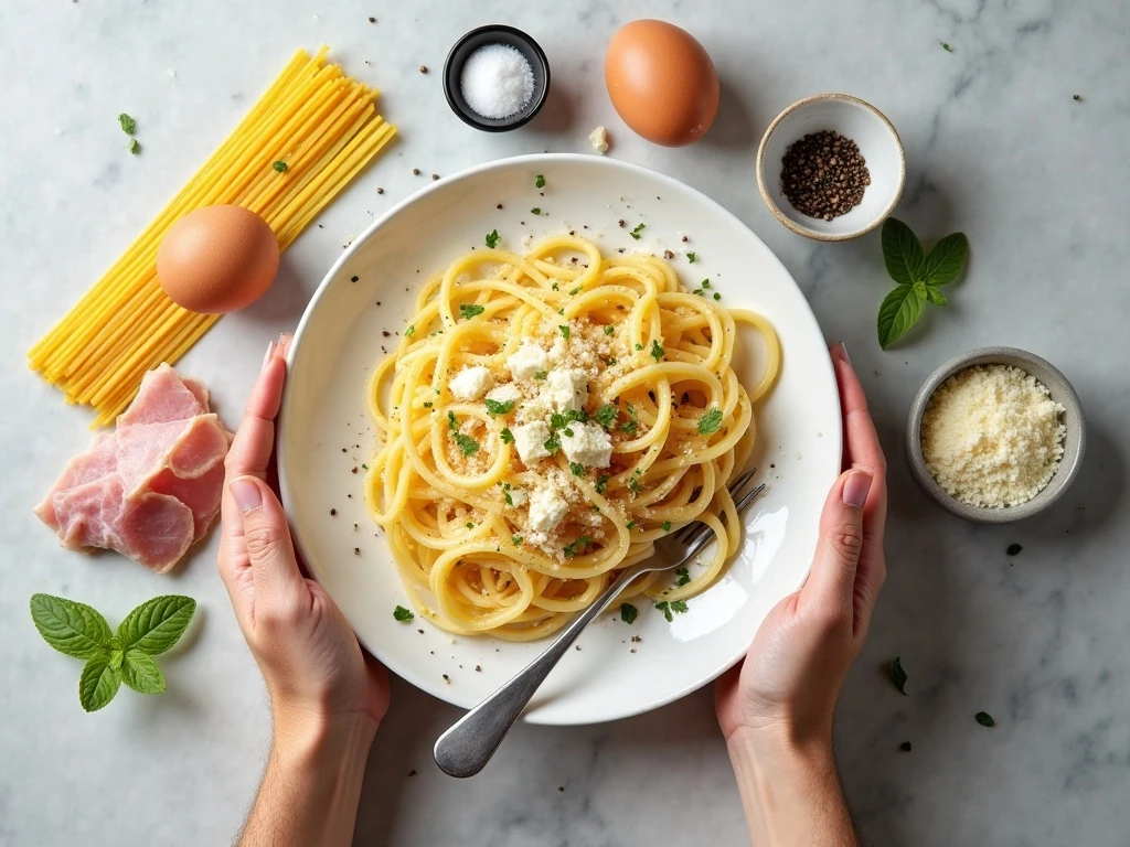 Ingredients for authentic carbonara including guanciale eggs Pecorino and spaghetti