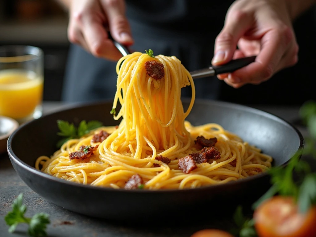 Tossing pasta with guanciale egg cheese sauce and pasta water for carbonara