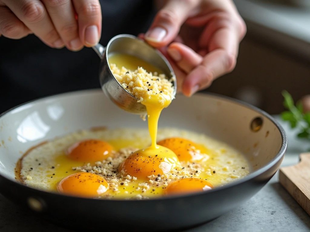 Eggs Pecorino and black pepper whisked together for a smooth carbonara sauce