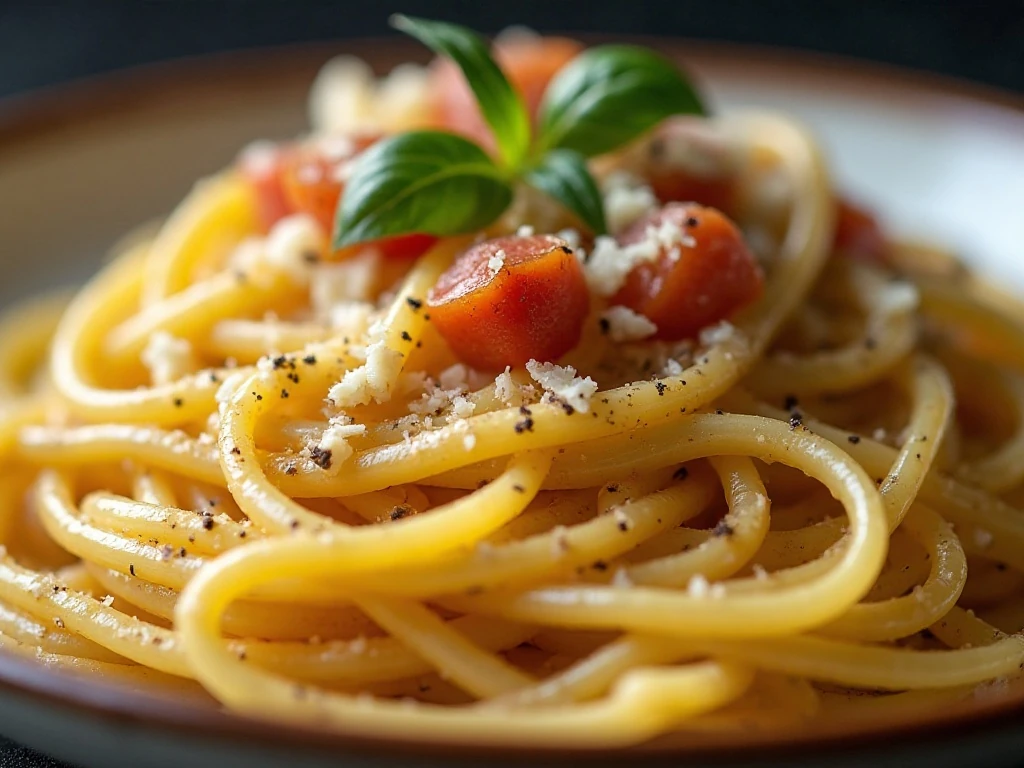 Close-up of carbonara garnished with Pecorino Romano and black pepper
